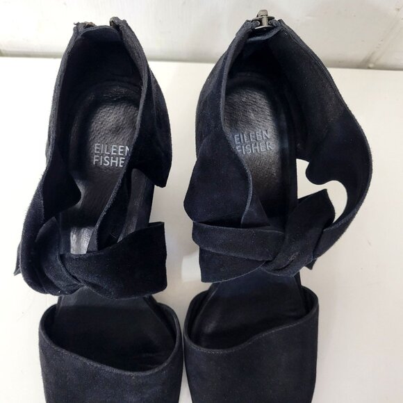 Eileen Fisher Black Suede Pointed Toe Ankle Heels With Bow Strap & Zipper Closur - Picture 5 of 8